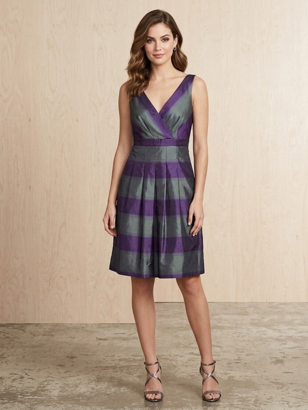 Nine West Purple and Grey Midi Dress V-Neck Sleeveless With Pockets Size 6